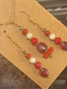 Handcrafted elegant ruby glass red coral necklace and earring set